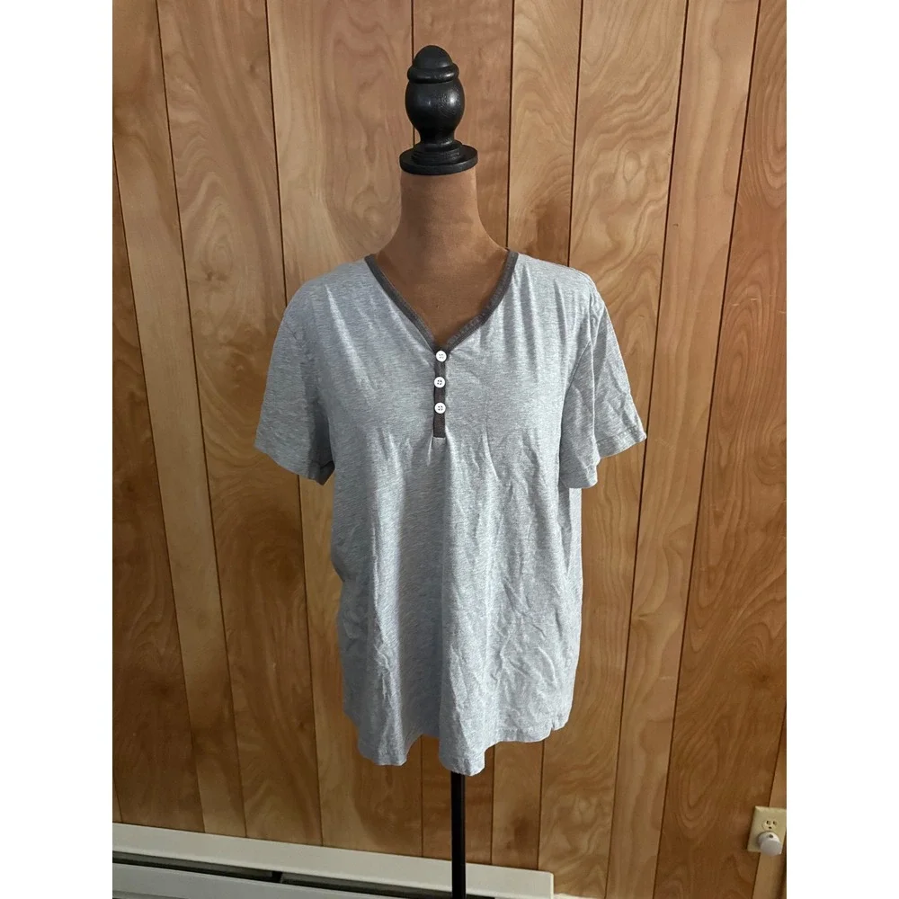 Hawiton Womens Pajama Top Heather Gray Henley Short‎ Sleeve Sleep Shirt Size M